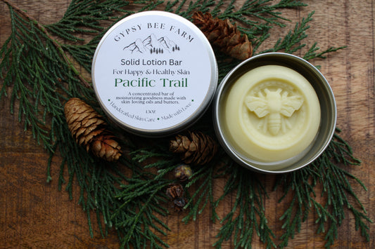 Solid lotion bar from Gypsy Bee Farm on a wooden surface with greenery and pine cones.