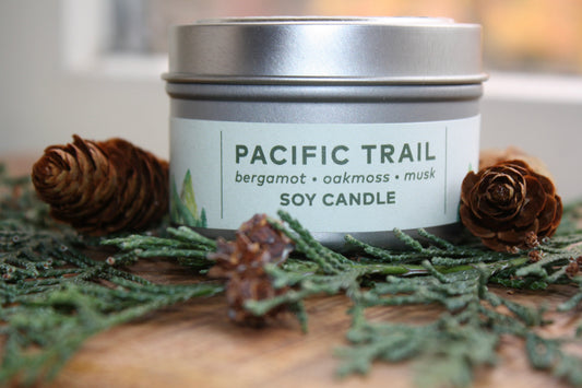 Soy candle in a tin labeled 'Pacific Trail' surrounded by greenery and pine cones on a wooden surface.