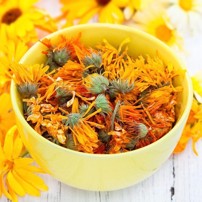 Yellow bowl filled with calendula flowers surrounded by fresh calendula flowers on a wooden surface.